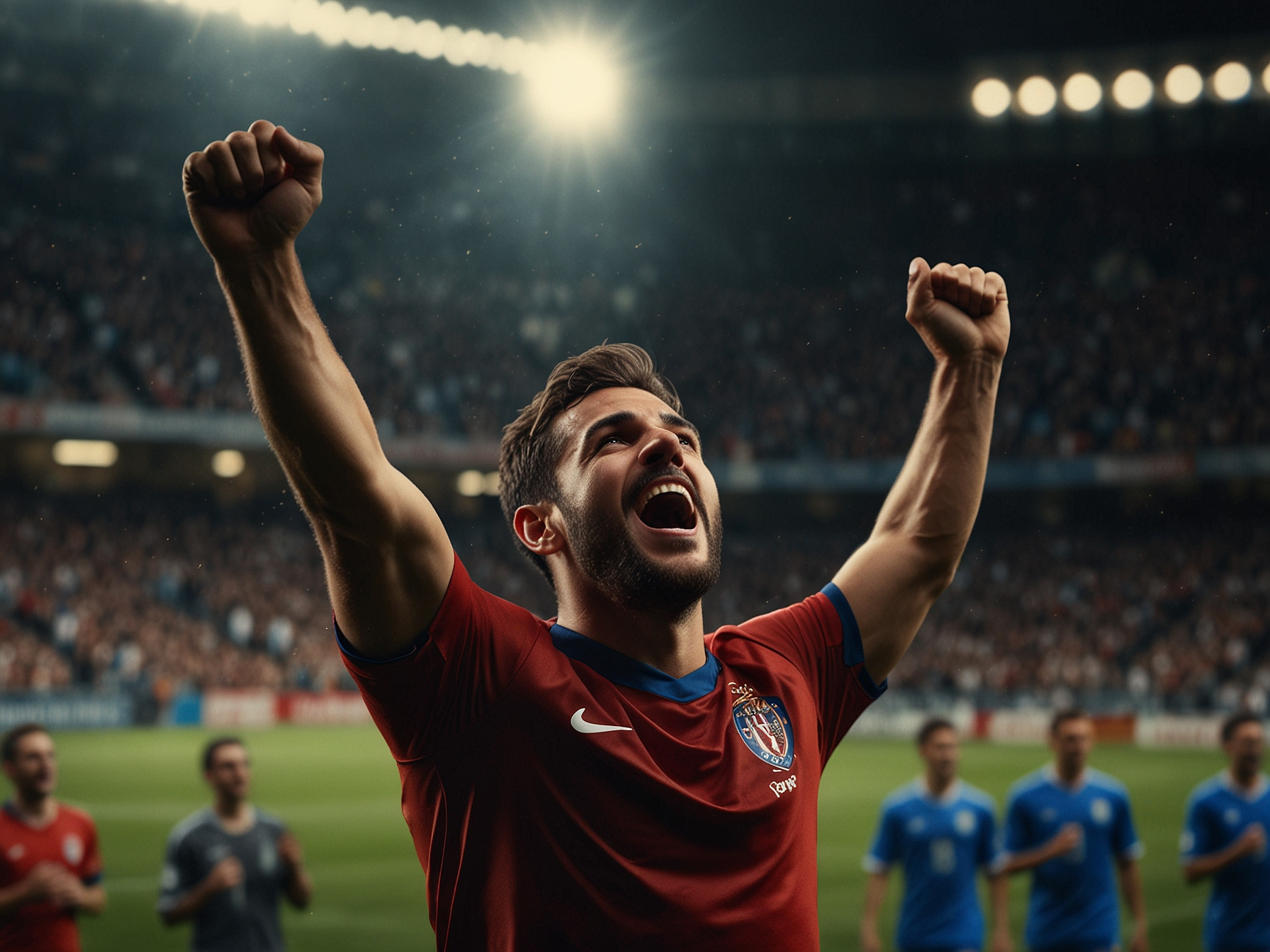 Athlete celebrating a goal on a stadium pitch